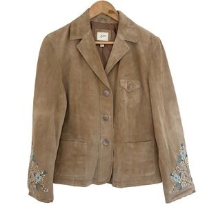 J. Jill Suede Leather Jacket M Petite Tan Embroidered Floral Coattagecore Boho